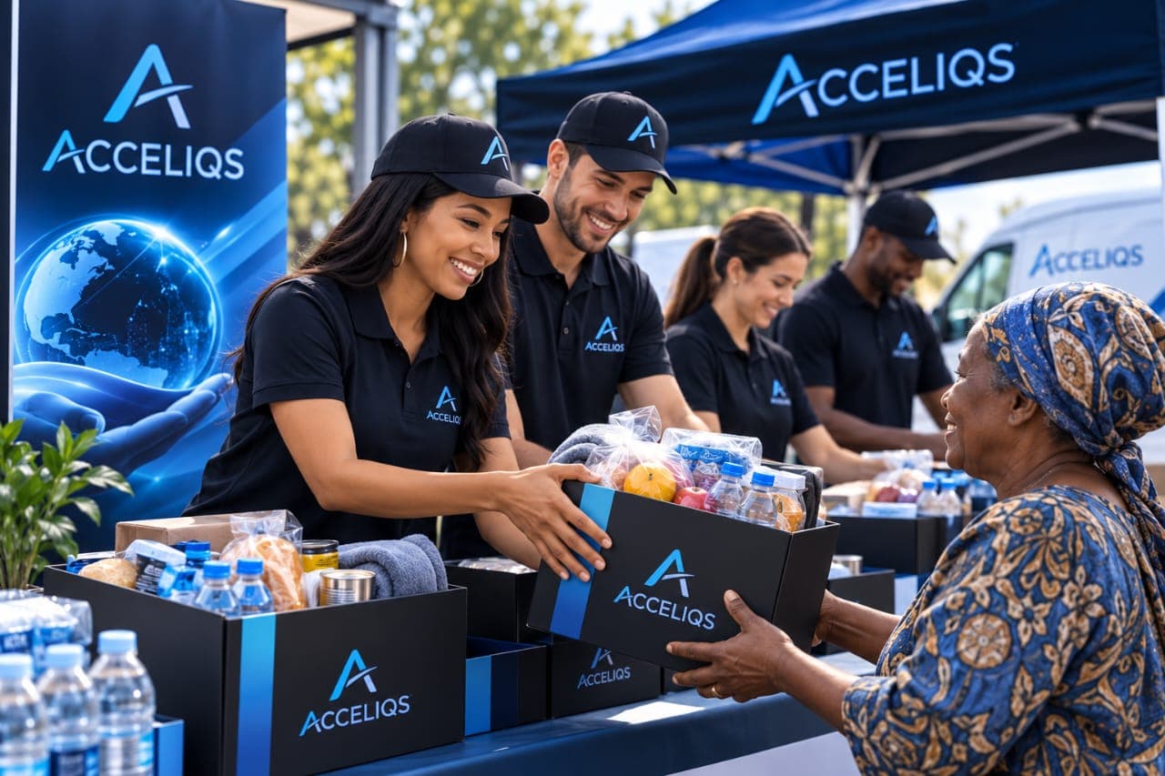 Acceliqs team distributing food and essentials